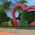 Heart Shaped Pink Flower Arch With Palm Trees And Colorful LOVE Letters In Garden Landscape