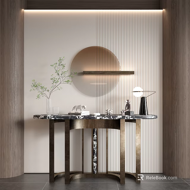 Elegant Modern Console Table With Round Mirror Green Plant Marble Top And Metal Frame 3d model 