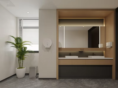 Bright Modern Public Toilet Interior With Wooden Double Sink Vanity And Potted Green Plant Decoration 3d model