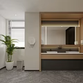 Bright Modern Public Toilet Interior With Wooden Double Sink Vanity And Potted Green Plant Decoration