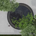 Garden Scene With Circular Black Rockery Stone Surrounded By Green Trees Grass And Paved Ground