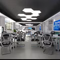 Modern School Automotive Technical Classroom With White Car Training Equipment Large Screen And Workstations