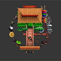 Cartoon Chinese Traditional Tower Scene With Red Roof Green Plants And Cartoon Figures