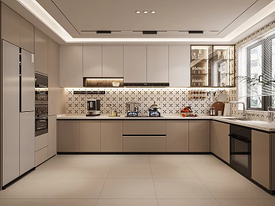 Modern Kitchen Interior With Light Cabinets Stainless Steel Appliances Tile Backsplash And Window View 3d model