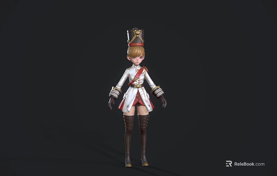 Woman in Military Style White Red Uniform With Hat Gloves And Long Boots 3d model 