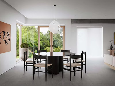 Bright Airy Modern Dining Room With Round Table Comfortable Chairs And Lush Outdoor Garden View 3d model