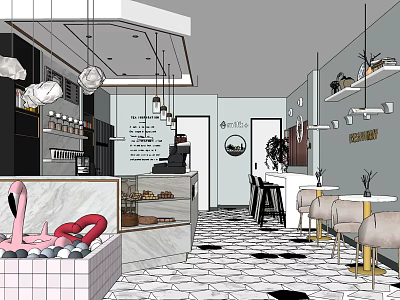Bubble Tea Shop Modern Interior Design With Marble Counter Hanging Lights And Seating Area 3d model
