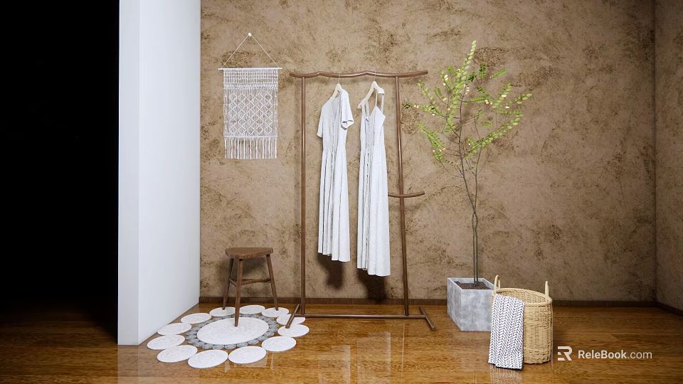 Wooden Freestanding Clothes Rack With White Dresses Macramé Hanging Potted Plant Round Mat And Basket 3d model 