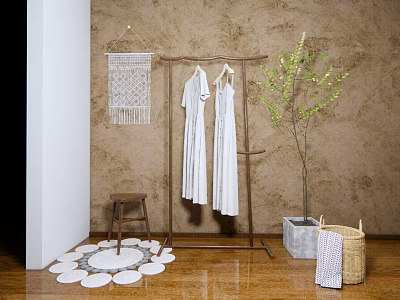 Wooden Freestanding Clothes Rack With White Dresses Macramé Hanging Potted Plant Round Mat And Basket 3d model