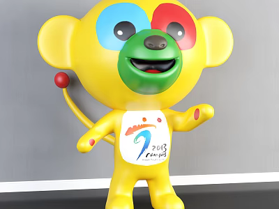 Yellow Monkey Toy With Colorful Face Green Mouth Red Ball And 2023 Chengdu Logo 3d model