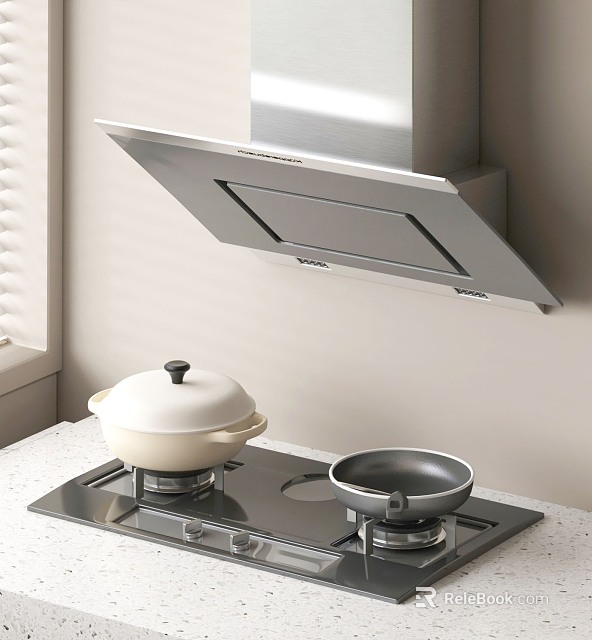 Modern Kitchen Cookware Setup With Stainless Steel Range Hood Ceramic Pot And Frying Pan 3d model 