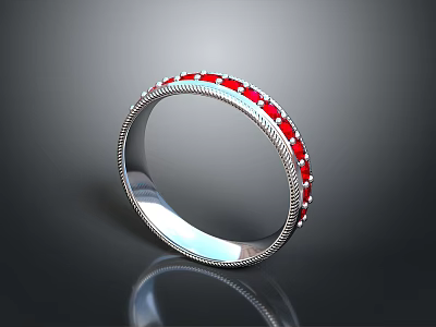 Silver Ring Decorated With Red Gemstones And Small White Diamonds Daily Accessory 3d model