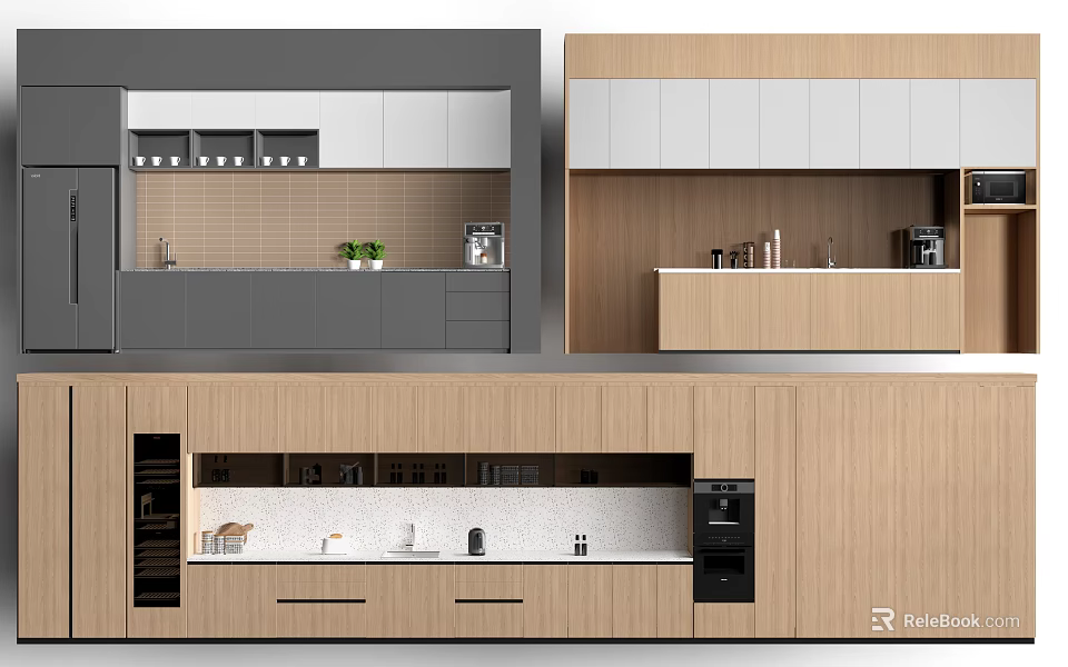 Modern Kitchen Interior With Wooden And Gray Cabinets Countertop And Appliances 3d model 