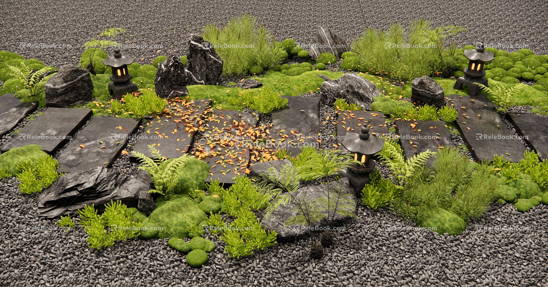 New Chinese Style Bluestone Slab Landscape Tingbu Garden Laying Stone Steps Moss Plant Pile Stone Courtyard Landscape Sketches Ferguson 3d model