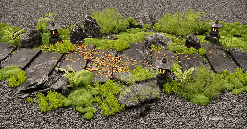 Stepping Stone Path with Black Stones Green Plants Fallen Leaves and Stone Lanterns on Gravel 3d model 