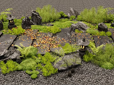 Stepping Stone Path with Black Stones Green Plants Fallen Leaves and Stone Lanterns on Gravel 3d model
