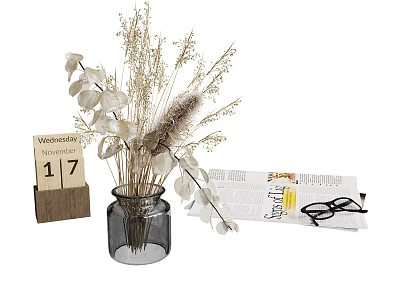 Decorative Ornament Set with Dried Flowers in Glass Vase Wooden Calendar Newspaper and Eyeglasses 3d model