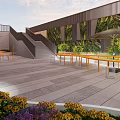 Modern Garden Landscape With Glass Facade Green Plants And Yellow Outdoor Table