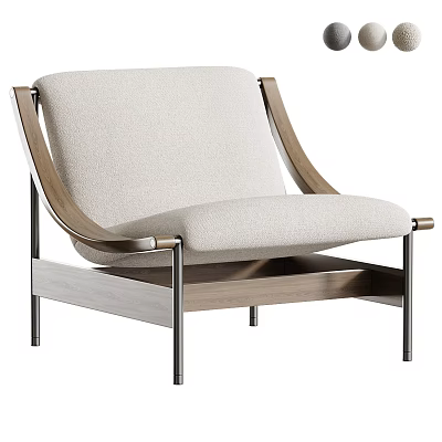 Modern Leisure Chair With Beige Upholstered Seat Wooden Armrests And Metal Legs 3d model