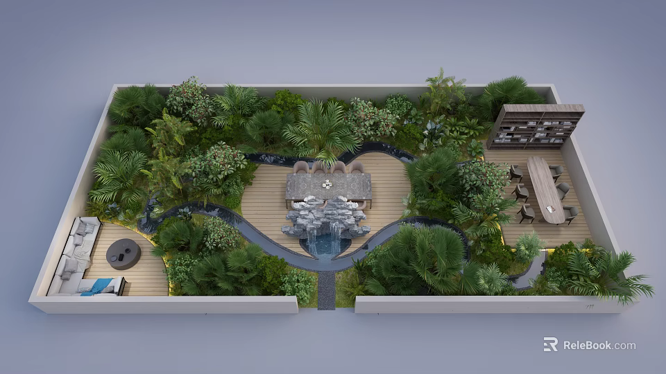 Lush Green Garden Landscape Design With Heart Shaped Pavilion Stone Pathway Water Fountain And Wooden Terrace 3d model 