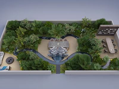 Lush Green Garden Landscape Design With Heart Shaped Pavilion Stone Pathway Water Fountain And Wooden Terrace 3d model