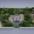 Lush Green Garden Landscape Design With Heart Shaped Pavilion Stone Pathway Water Fountain And Wooden Terrace