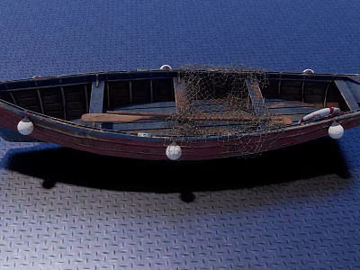 Traditional Wooden Boat With Fishing Net And White Buoys On Wooden Deck 3d model