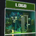 Modern Shop Window Display With Logo Green Plants Sphere Decor And Neon Lights