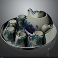 Traditional Blue And White Ceramic Tea Set With Teapot Teacups On Tray 3d model