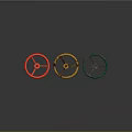 Three Worn Vintage Steering Wheels in Red Yellow Green on Gray Background