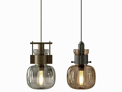 Modern Industrial Pendant Lights With Clear And Amber Glass Shades And Metal Frames 3d model