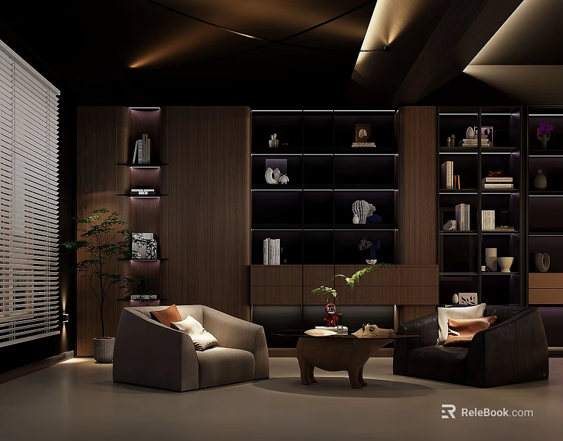 Modern Lounge Room Interior With Wooden Bookshelves Sofas Coffee Table And Green Plant 3d model 