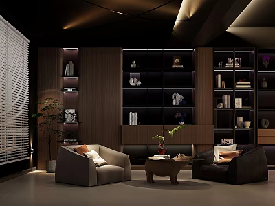 Modern Lounge Room Interior With Wooden Bookshelves Sofas Coffee Table And Green Plant 3d model