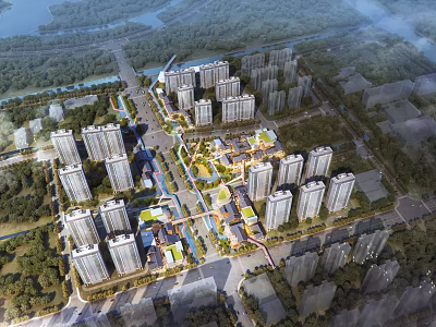 Aerial View Planning of Urban Residential Area with High Rise Buildings Green Spaces and River 3d model
