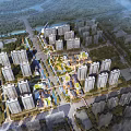 Aerial View Planning of Urban Residential Area with High Rise Buildings Green Spaces and River