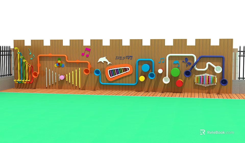 Kindergarten Musical Wall With Colorful Music Notes Horns Piano Keys And Circles 3d model 