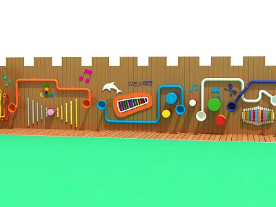 Kindergarten Musical Wall With Colorful Music Notes Horns Piano Keys And Circles 3d model