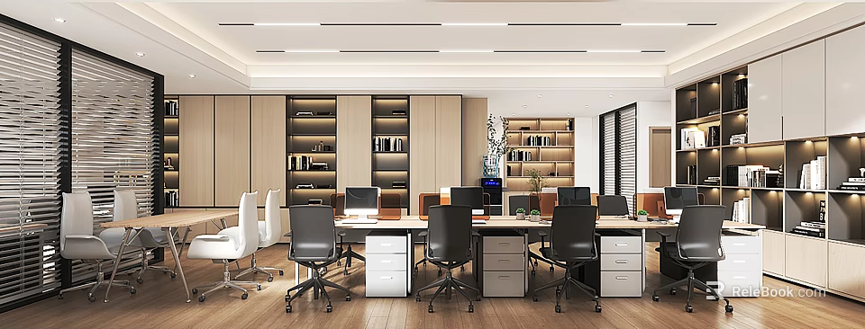 Modern Public Office Space Interior With Work Desks Office Chairs Bookshelves And Computers 3d model 