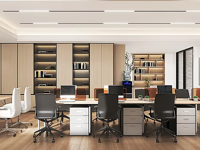 Modern Public Office Space Interior With Work Desks Office Chairs Bookshelves And Computers 3d model