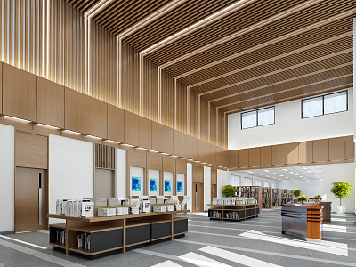 Book Art Themed Library Interior With Wooden Ceiling Display Shelves And Green Plants 3d model