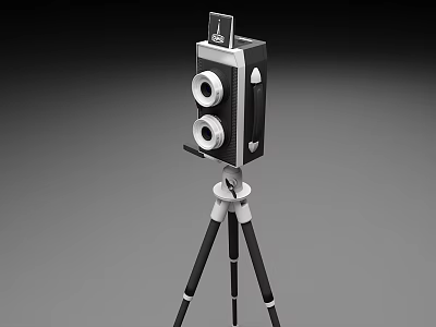 Vintage Dual Lens Camera Mounted On Black And White Tripod Stand 3d model