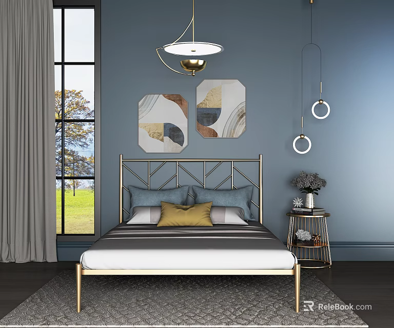 Modern Double Bed with Golden Frame on Blue Wall Featuring Geometric Art and Window View 3d model 