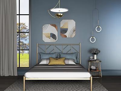 Modern Double Bed with Golden Frame on Blue Wall Featuring Geometric Art and Window View 3d model