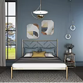 Modern Double Bed with Golden Frame on Blue Wall Featuring Geometric Art and Window View
