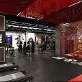 Modern Gym Interior With Treadmills Dumbbells Screens Showing Fitness Videos Red Black Decor And Plants