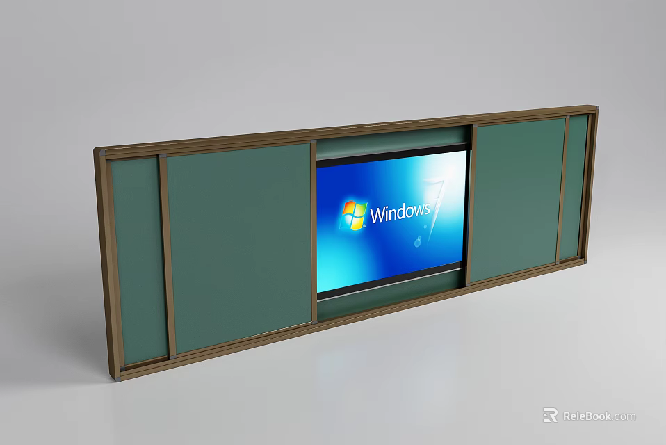 Modern Wall Mounted Decor with Windows 7 Screen Green Panels and Brown Frame 3d model 