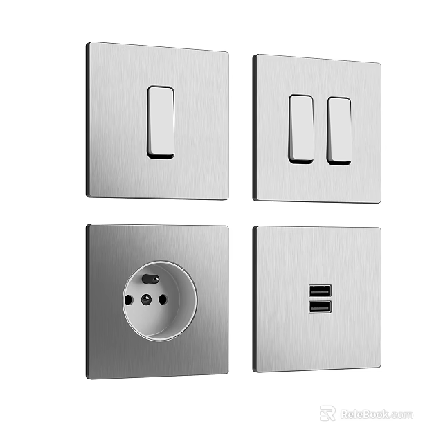 Silver Modern Switch Panels With Single Double Sockets And USB Ports Design 3d model