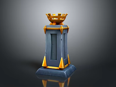 Decorative Gray Metallic Tower Scene Component Featuring Central Doorway Golden Crown Top And Base Accents 3d model