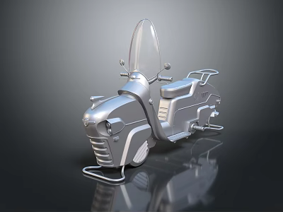 Vintage Silver Scooter With Transparent Windshield Sleek Reflective Body And Floor Reflection On Dark Background 3d model