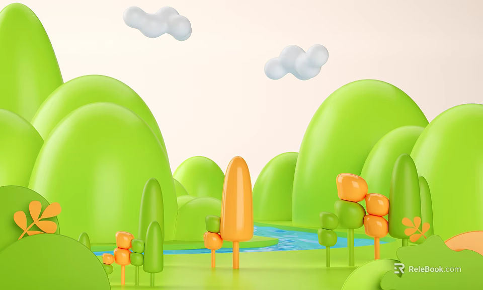 Cartoon Scene With Green Hills White Clouds Blue River And Colorful Trees 3d model 